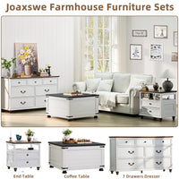 White farmhouse coffee table with hidden storage and flip-top lid in living room set