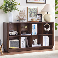 Dark wood 8-cube horizontal storage book shelf with open cubbies and low base