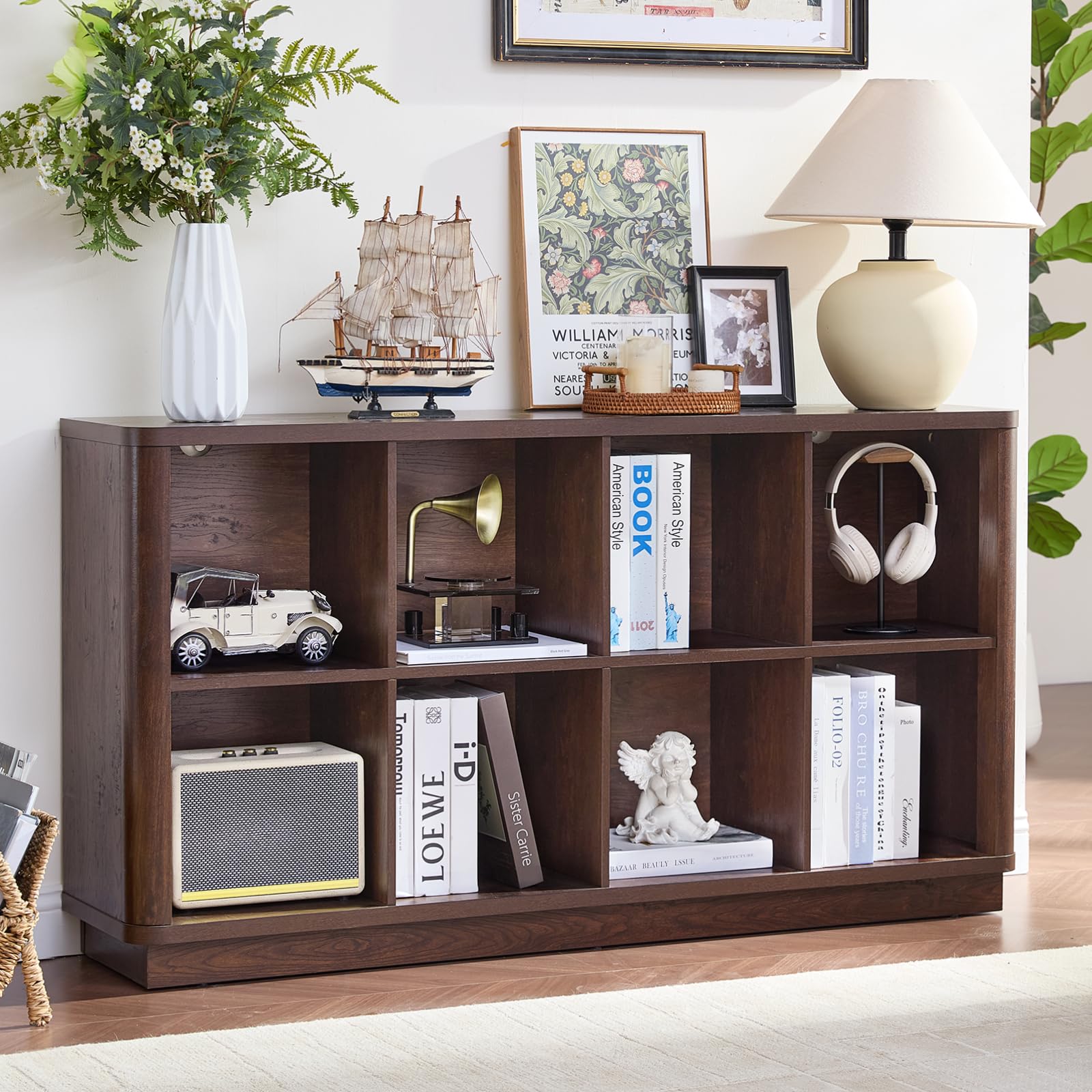 8 Cube Storage Book Shelf, 52" Long Horizontal Bookshelf with Curved Edge, Floor Standing Wooden Cubby Bookcase with Base, Modern Low Console Book Case, TV Stand for Living Room, Natural Oak