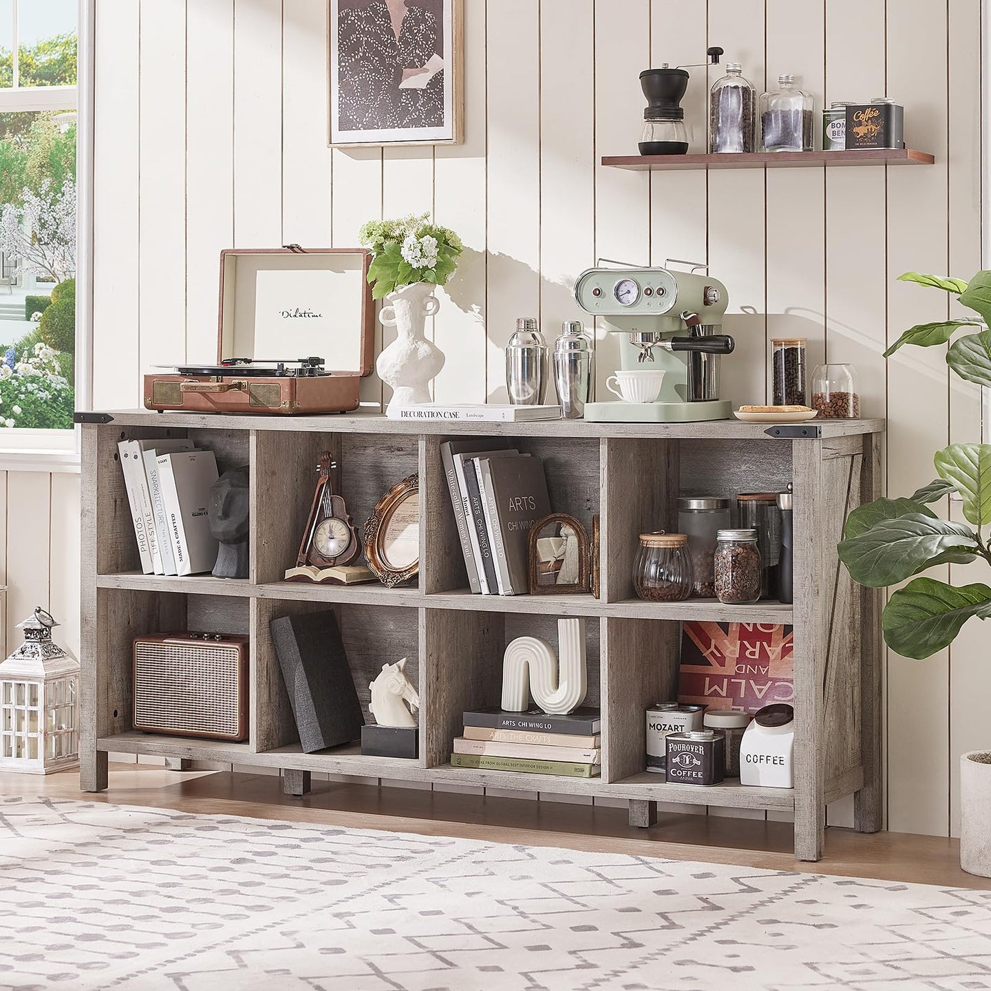Grey farmhouse bookcase with open cubbies, thick top, and four legs for books and storage jars