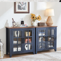 Blue sideboard cabinet with wood tabletop and four glass-door compartments