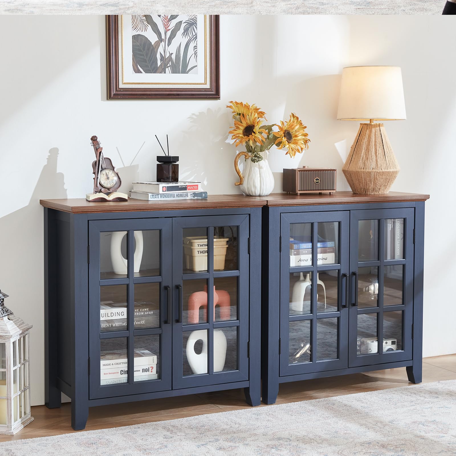 Blue sideboard buffet cabinet with glass doors, open shelves, and dark tabletop surface