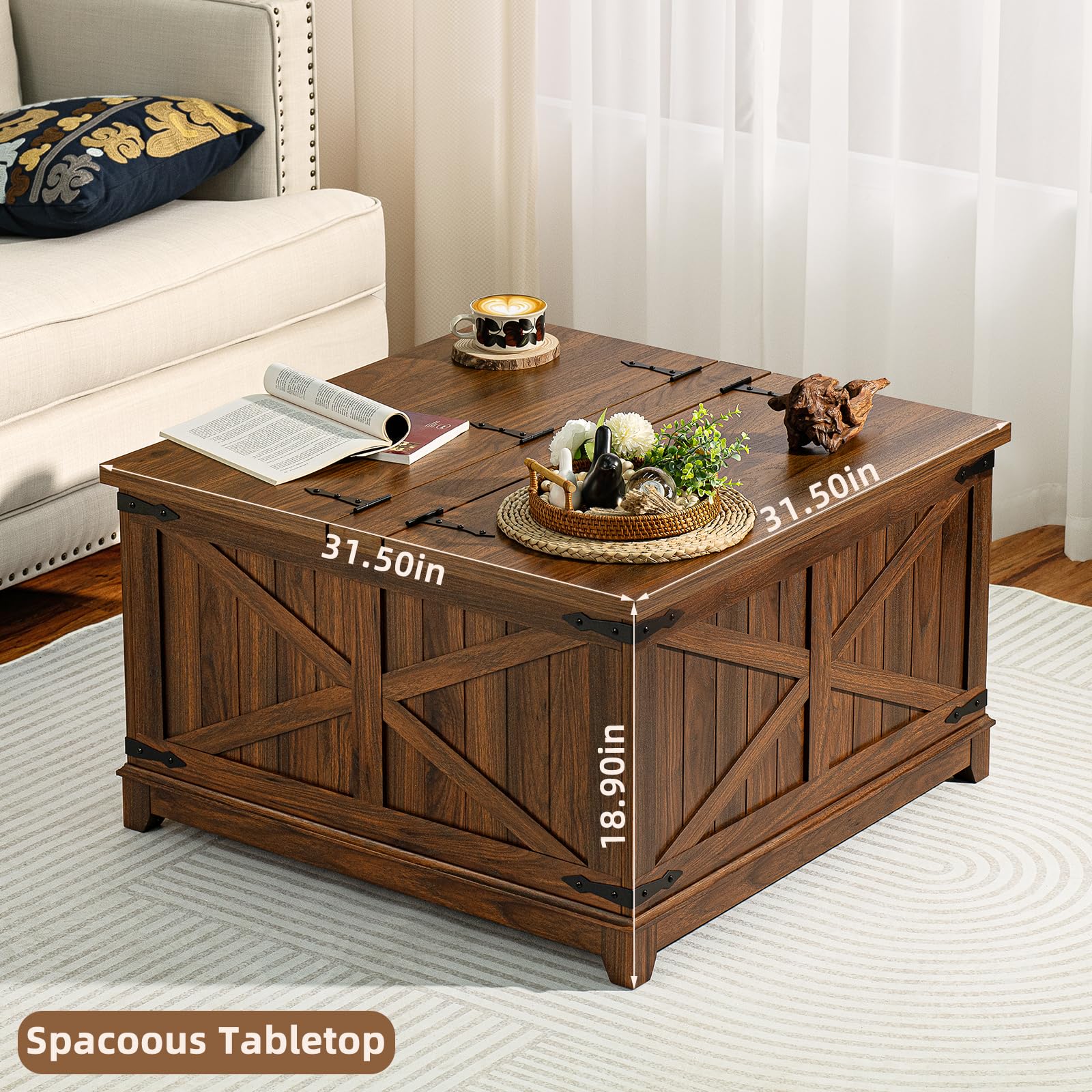 Square lift-top coffee table with hidden storage, brown wood, paneled cabinet front