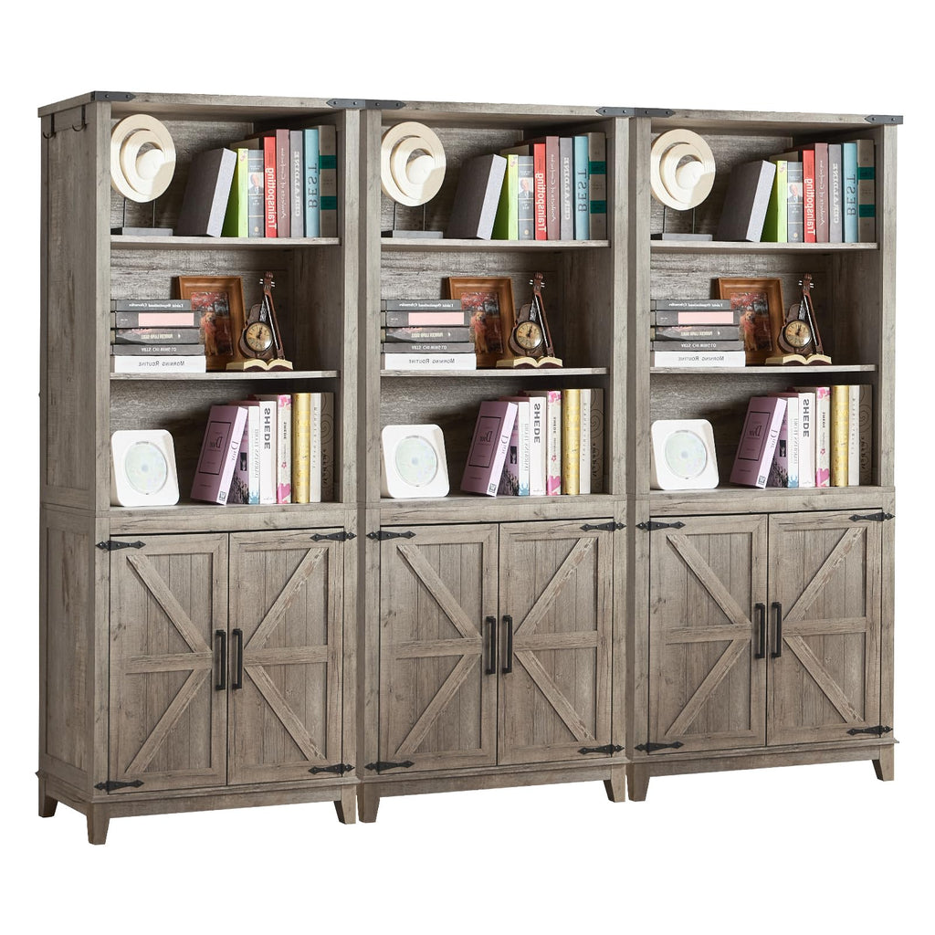 Gray wood bookcase cabinet with open shelves and barn-style double doors