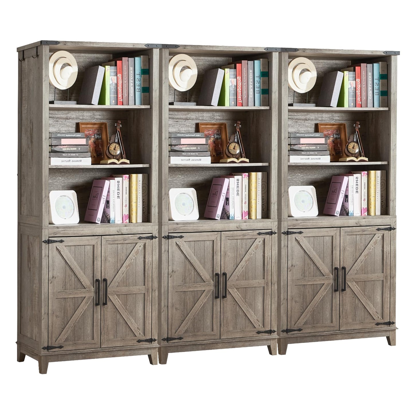 Joaxswe 70in Tall Bookshelf 5 Tier Bookcase with Barn Doors and Adjustable Shelves, Blue Farmhouse Book Shelf with Storage Cabinet, Wood Freestanding Display Bookshelves for Bedroom, Living Room