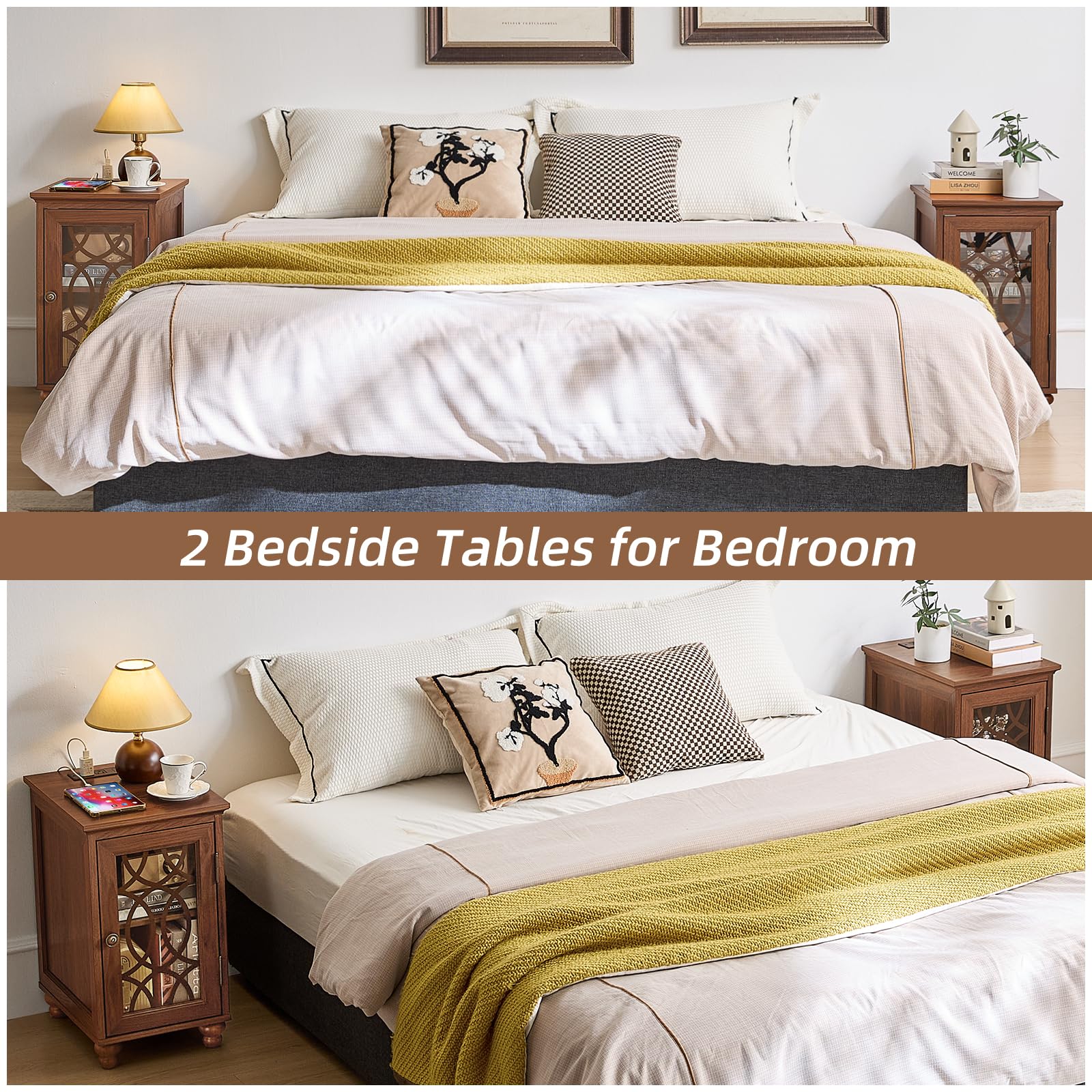Set of two wood bedside tables with glass doors, turned legs, and top lamps