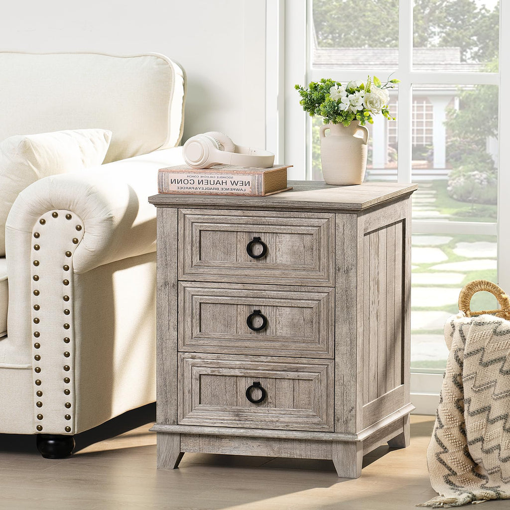 Gray farmhouse nightstand with three drawers and round metal knobs