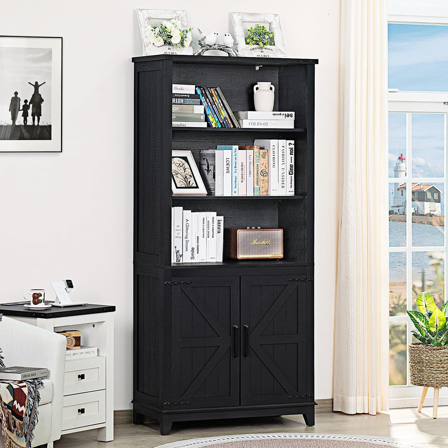 Joaxswe 70in Tall Bookshelf 5 Tier Bookcase with Barn Doors and Adjustable Shelves, Blue Farmhouse Book Shelf with Storage Cabinet, Wood Freestanding Display Bookshelves for Bedroom, Living Room