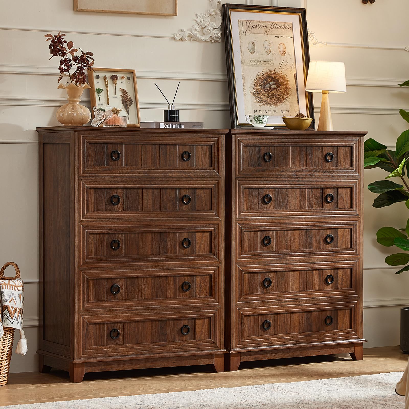 18" Farmhouse Night Stand with Charging Station, 2 Drawers End Table Dresser for Bedroom, Blue Wooden Nightstand, Bed Side Table with Open Shelf, Bedside Cabinet for Living Room, Closet