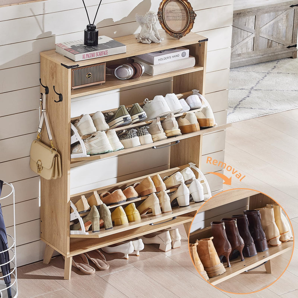 Shoe storage cabinet with flip drawer and open shelves, light wood with side hooks