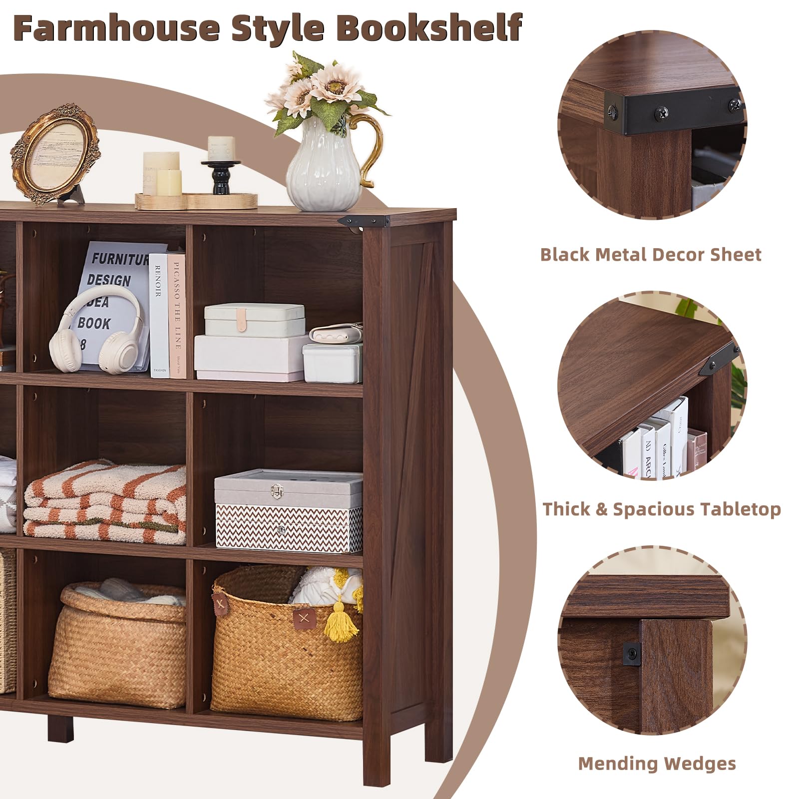Brown farmhouse style bookshelf with open cubbies and metal bracket detail on the frame