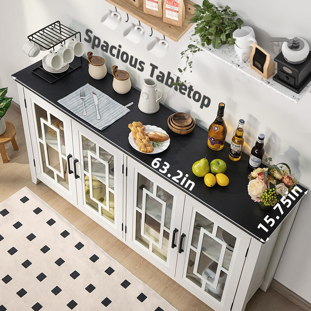 White sideboard buffet cabinet with black top and two glass-panel door sections