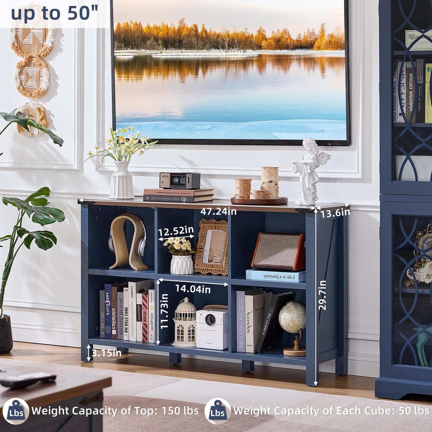Navy blue bookcase with open cubbies and two side shelf panels