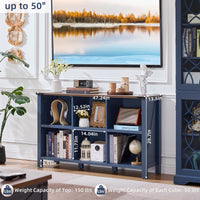 Navy blue bookcase with open cubbies and two side shelf panels