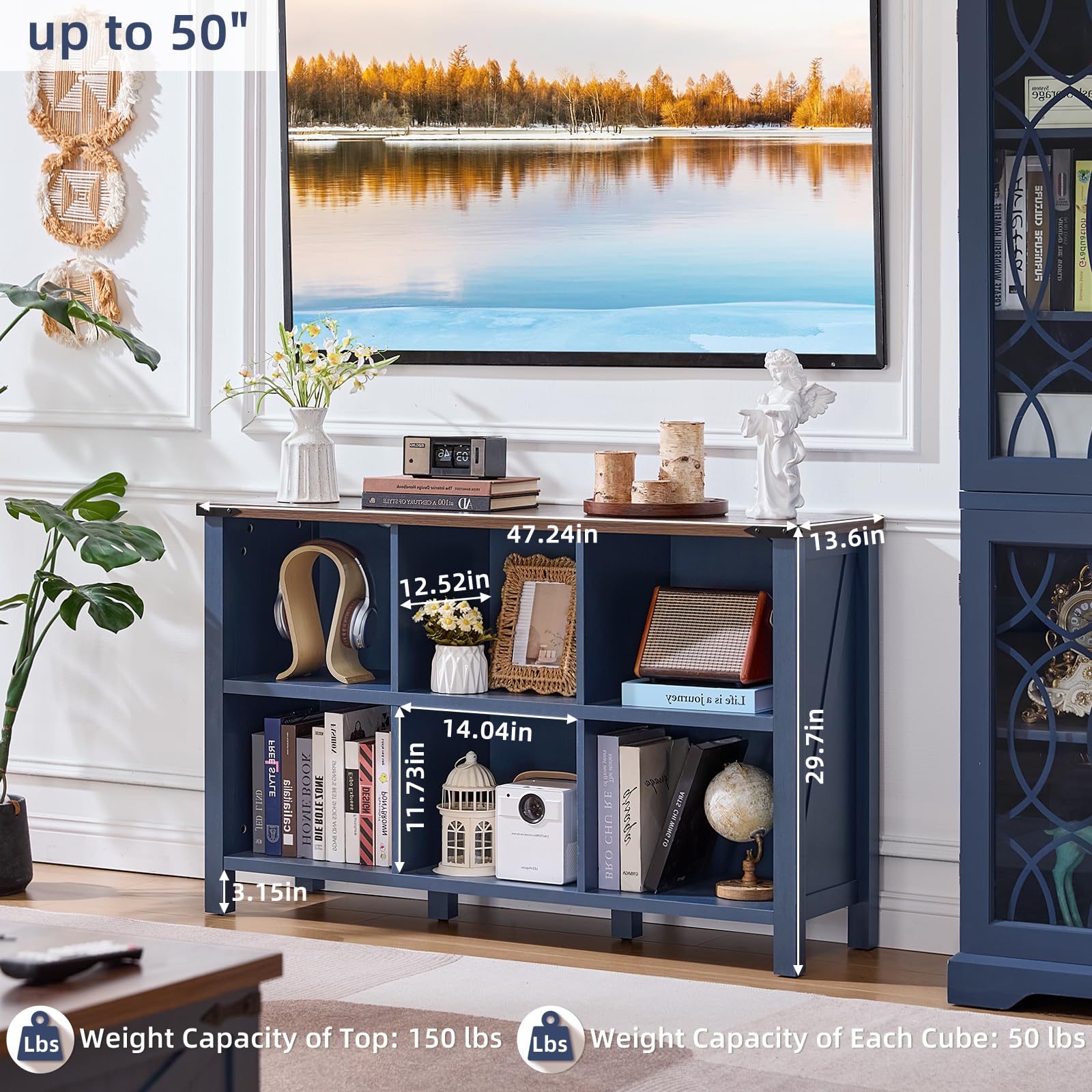 Navy blue bookcase with open cubbies and two side shelf panels