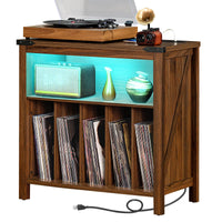 Wood-grain record player stand with open cabinet, LED shelf light, and vinyl records