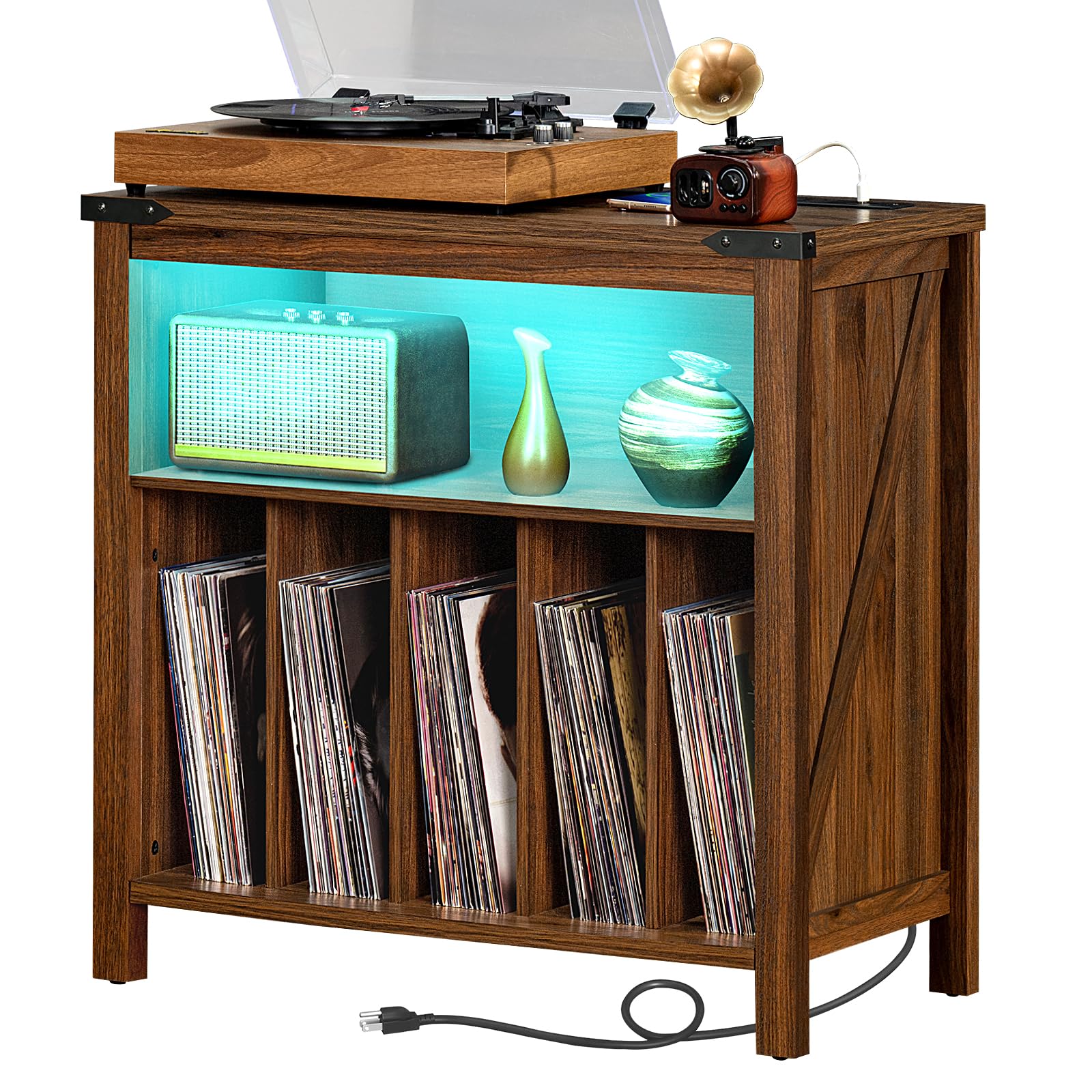 Brown wood record player stand with open vinyl record shelves and lit display compartment.