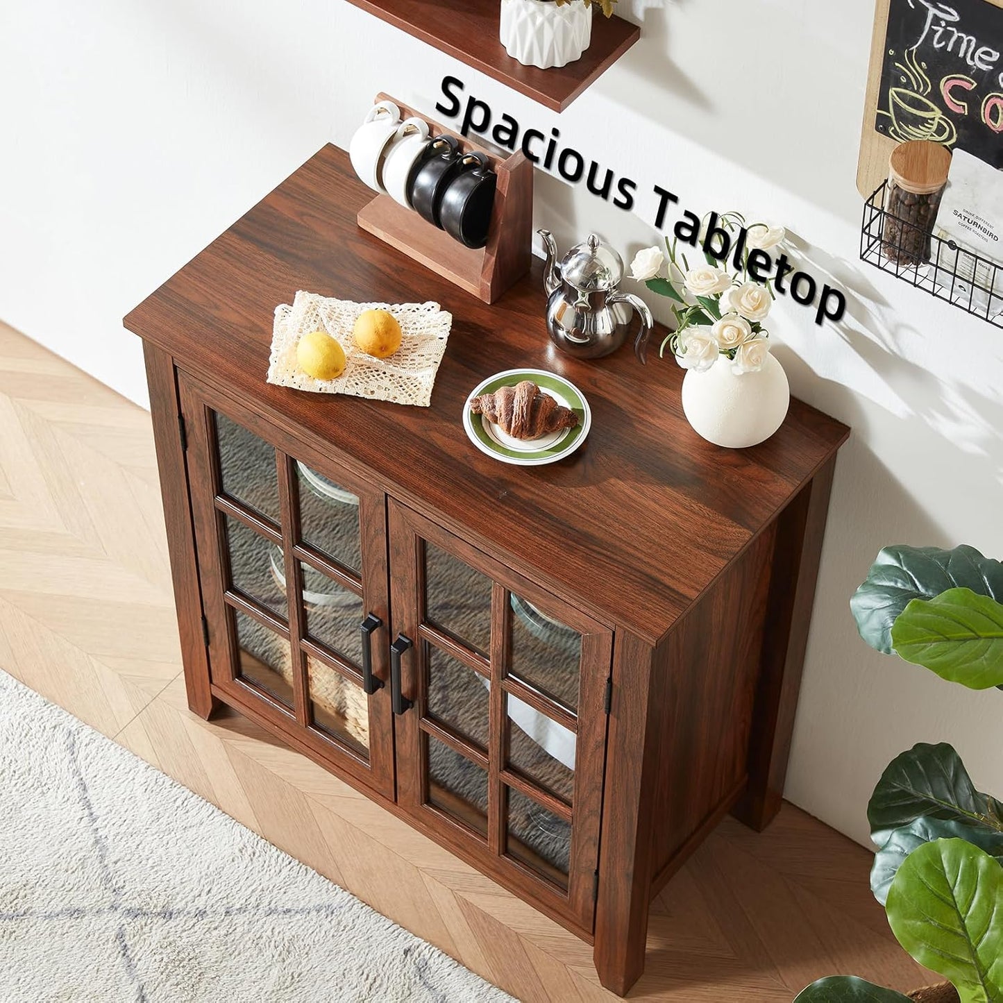 Brown sideboard buffet cabinet with two glass doors and lower storage shelves