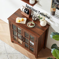 Brown sideboard buffet cabinet with two glass doors and lower storage shelves