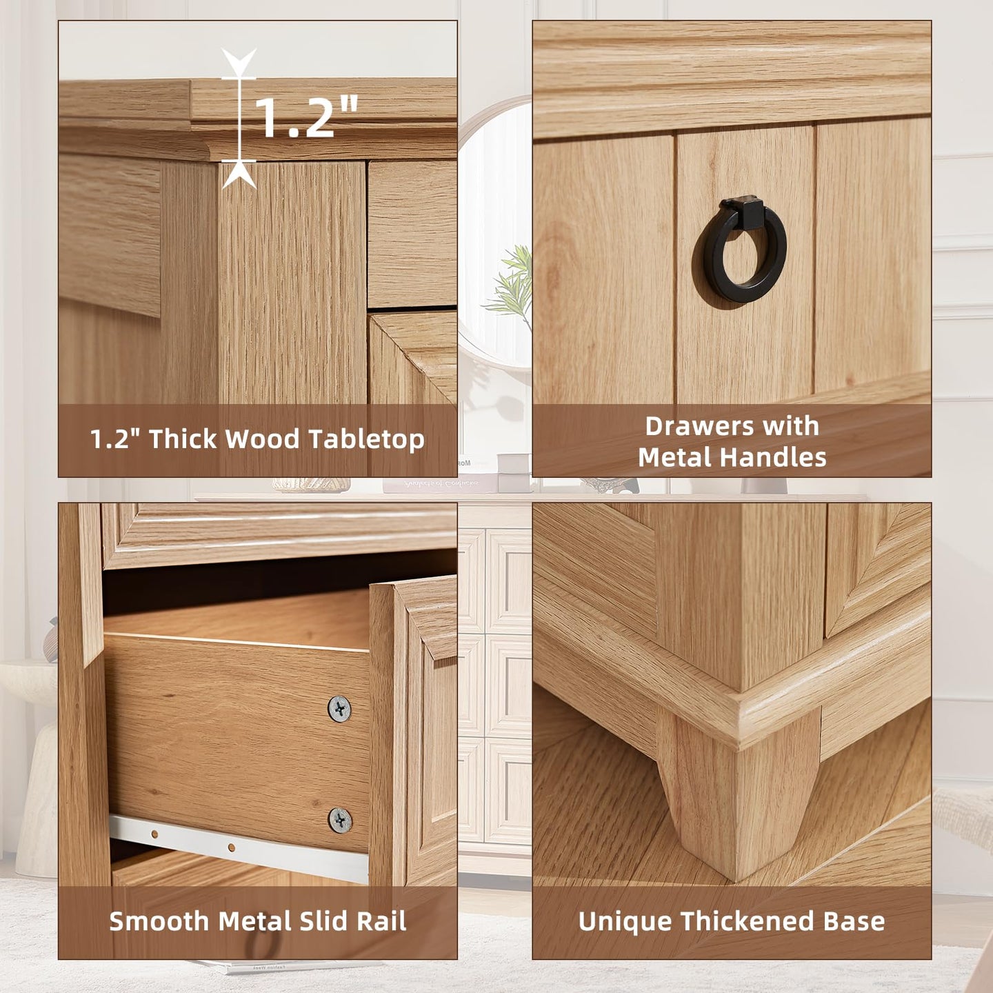 Wood dresser detail view: drawers with metal handles and thickened base