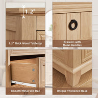 Wood dresser detail view: drawers with metal handles and thickened base