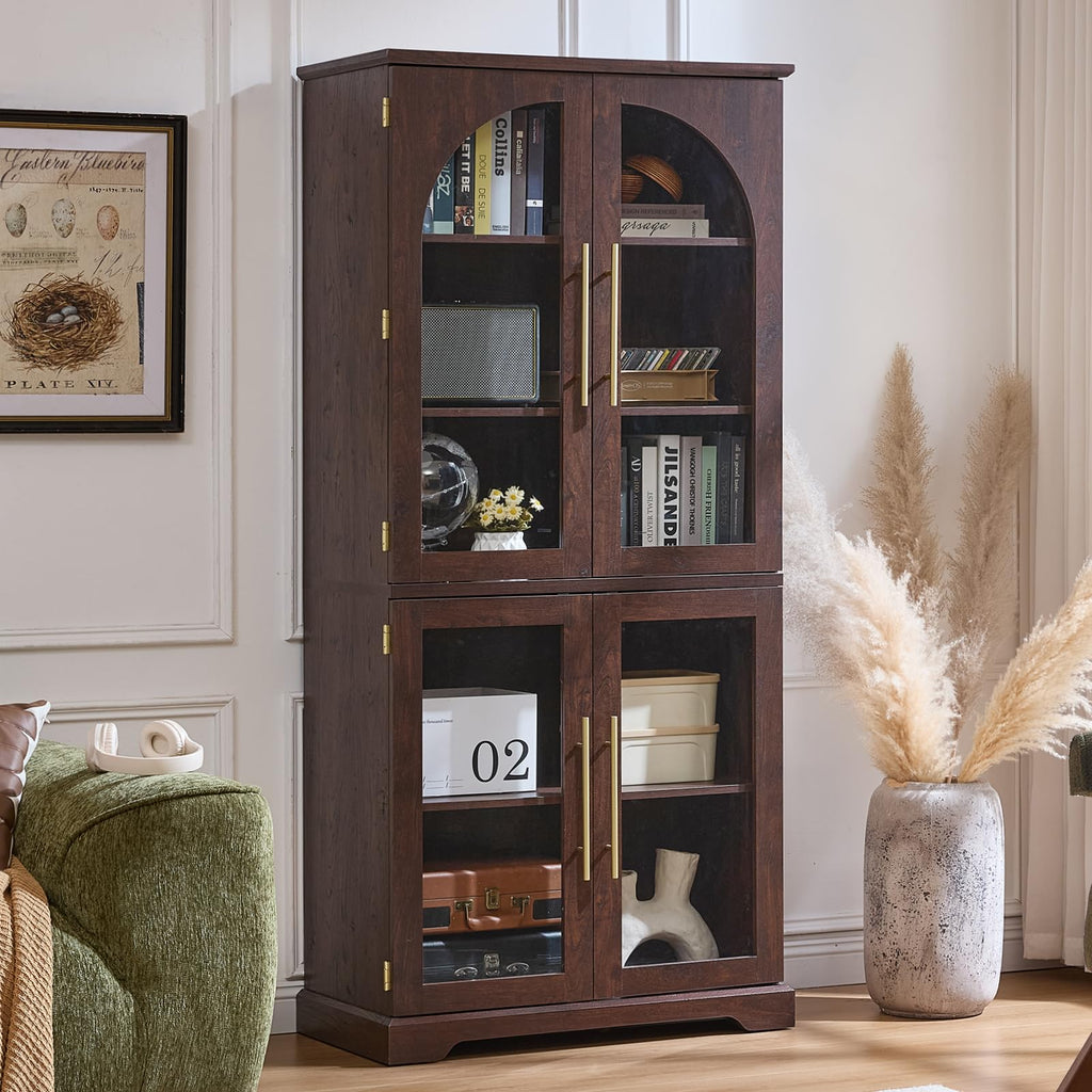 Dark brown tall display cabinet with curved glass doors and adjustable shelves, open for storage