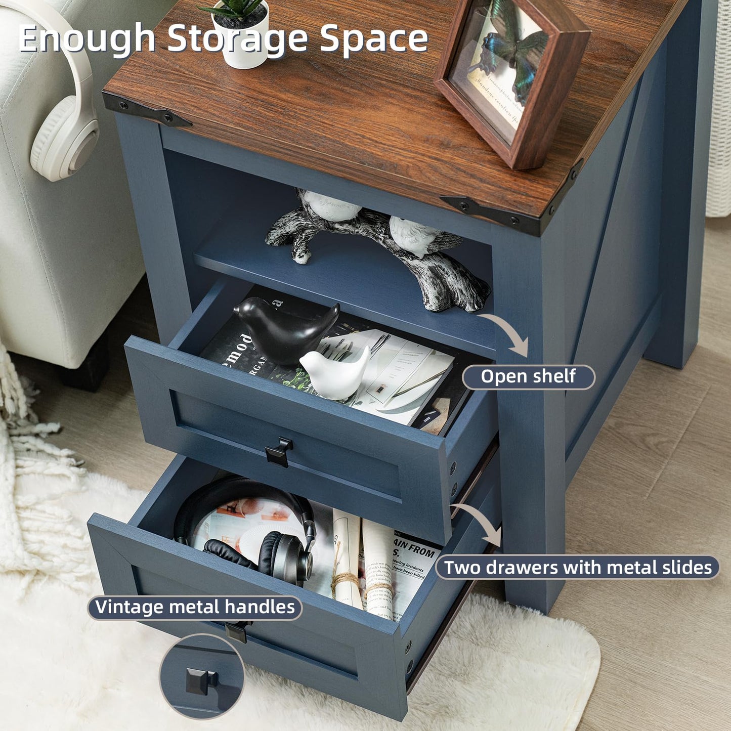 Blue nightstand with open shelf and two drawers with metal slides, items inside