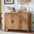 Arc-shaped wooden sideboard cabinet with three doors and dark wood handles