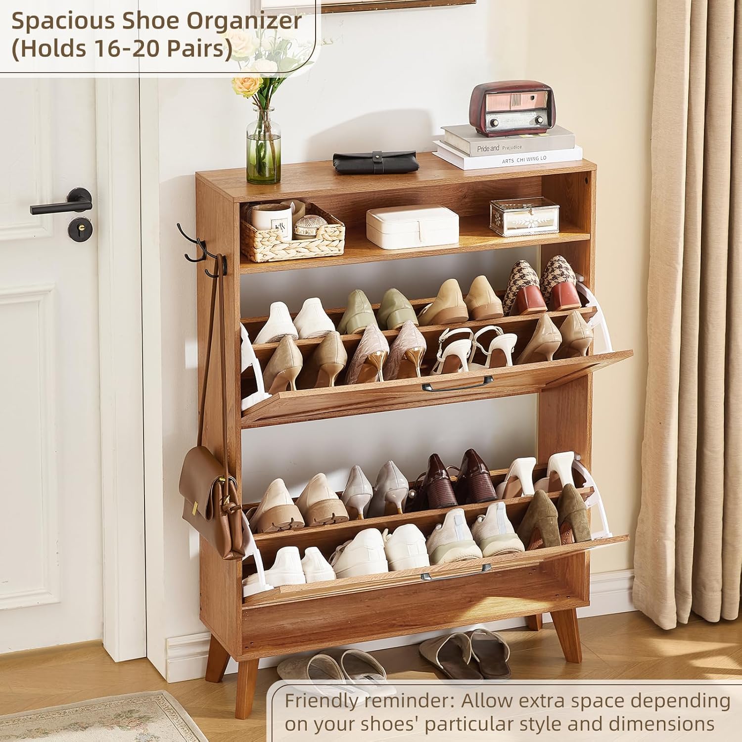 Shoe storage cabinet with open racks and wooden shelves for multiple pairs of shoes