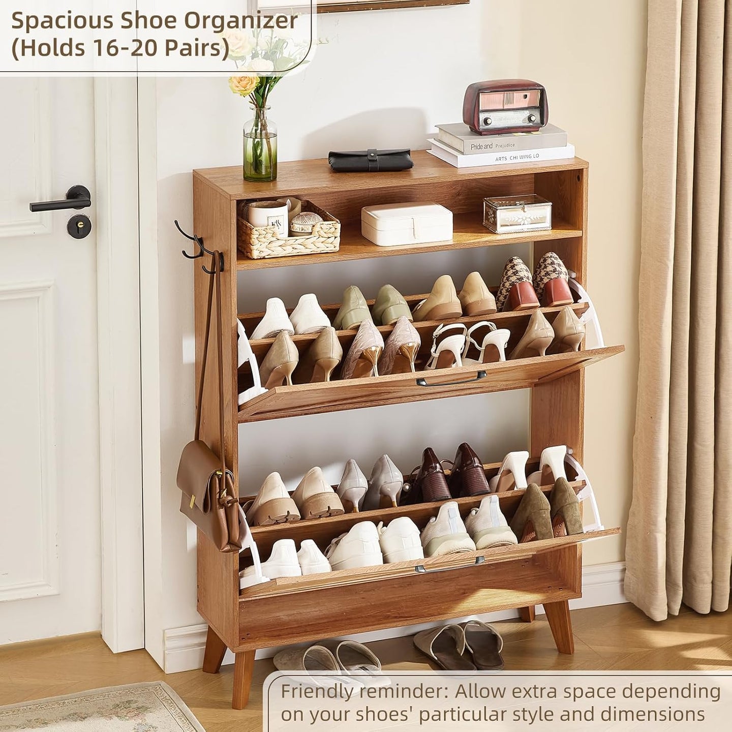 Freestanding shoe organizer cabinet with open shelves and upper storage, flip doors