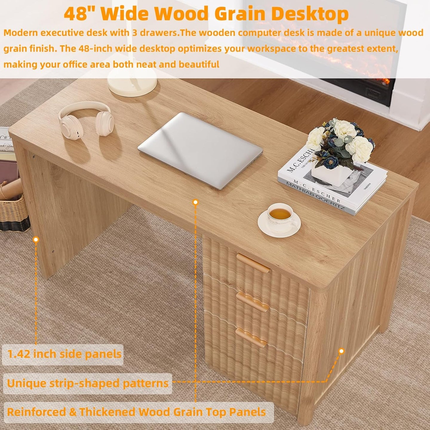 Wood desktop with fluted side drawer unit and metal handles, built-in cable-ready opening