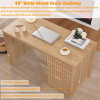Wood desktop with fluted side drawer unit and metal handles, built-in cable-ready opening