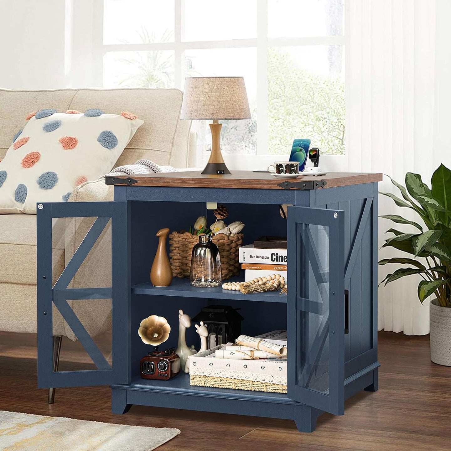 Blue wood coffee table with open cabinet shelves and lift-top, farmhouse style