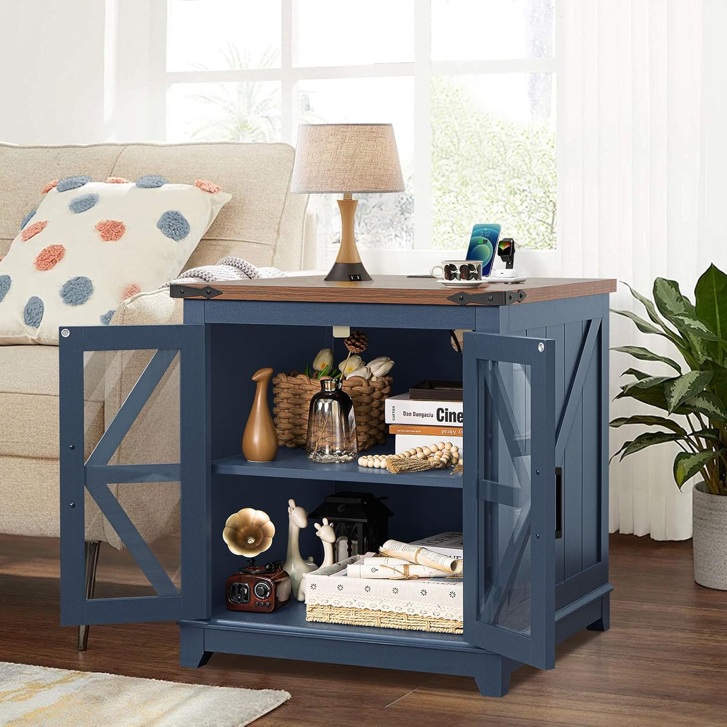 Blue wood coffee table with open cabinet shelves and lift-top, farmhouse style