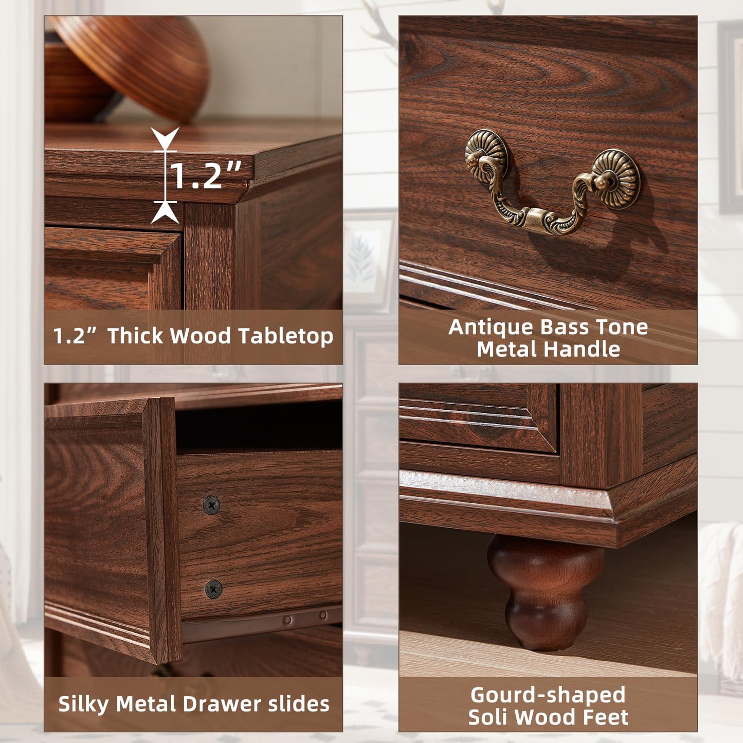 Brown wood dresser detail with curved metal drawer pulls, thick top, and rounded feet