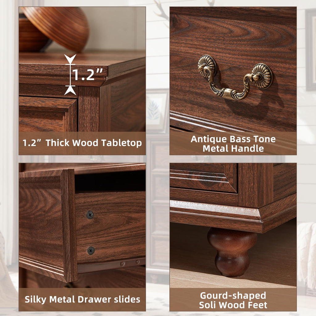 Brown wood dresser corner with thick tabletop edge and metal drawer slide detail