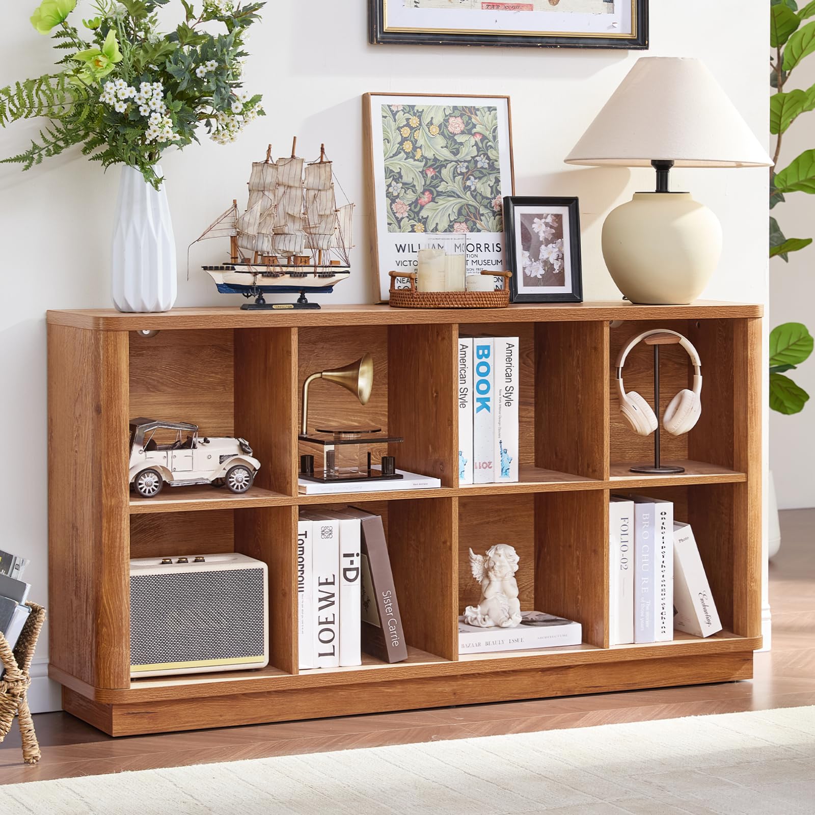 8 Cube Storage Book Shelf, 52" Long Horizontal Bookshelf with Curved Edge, Floor Standing Wooden Cubby Bookcase with Base, Modern Low Console Book Case, TV Stand for Living Room, Natural Oak