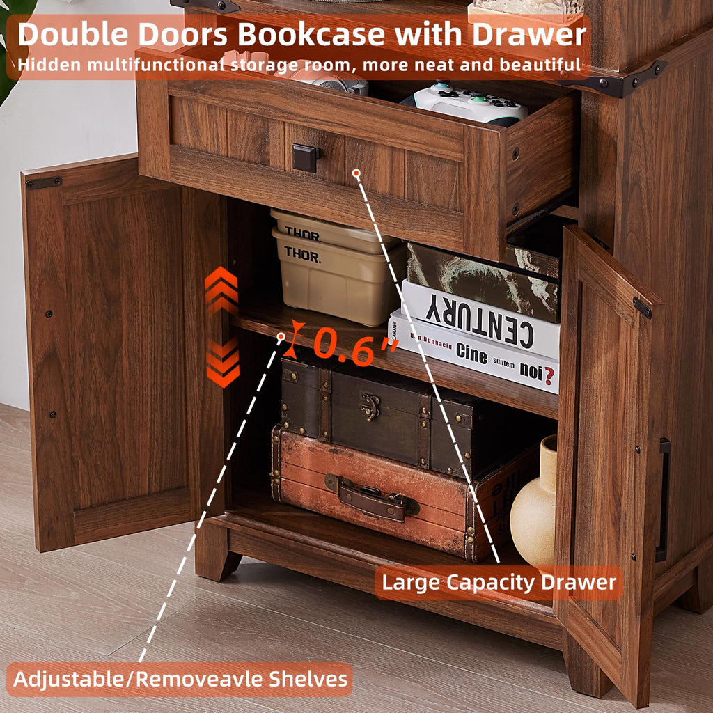 Dark wood double-door bookcase with front drawer and open adjustable shelves