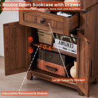 Tall barn-door bookcase with central drawer and open adjustable shelves, dark wood finish