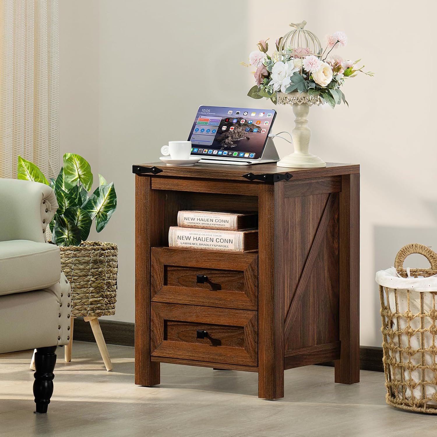 Farmhouse nightstand with two drawers and open shelf, dark brown wood finish