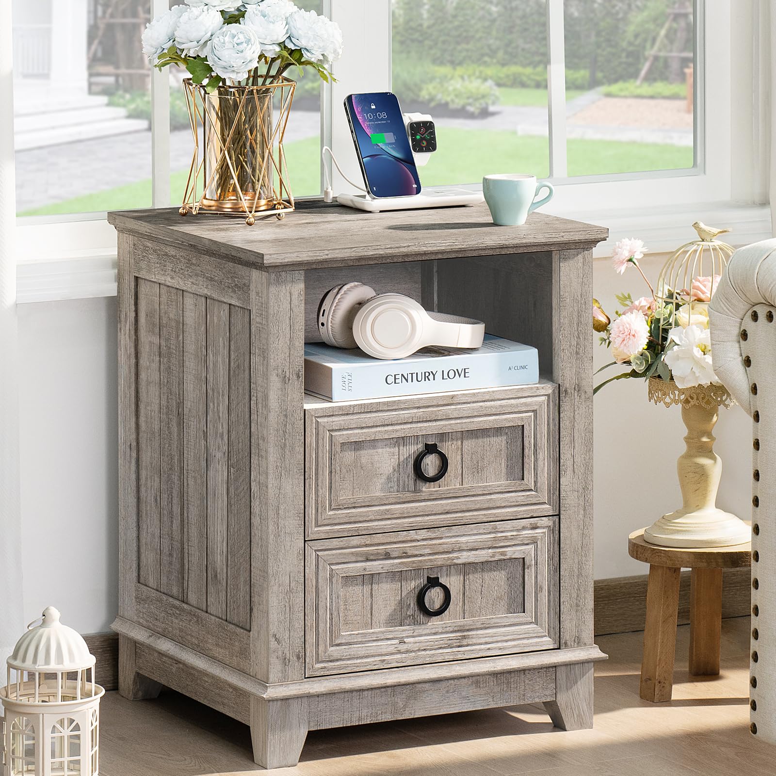 Gray farmhouse nightstand cabinet with open shelf and three drawers with round metal handles