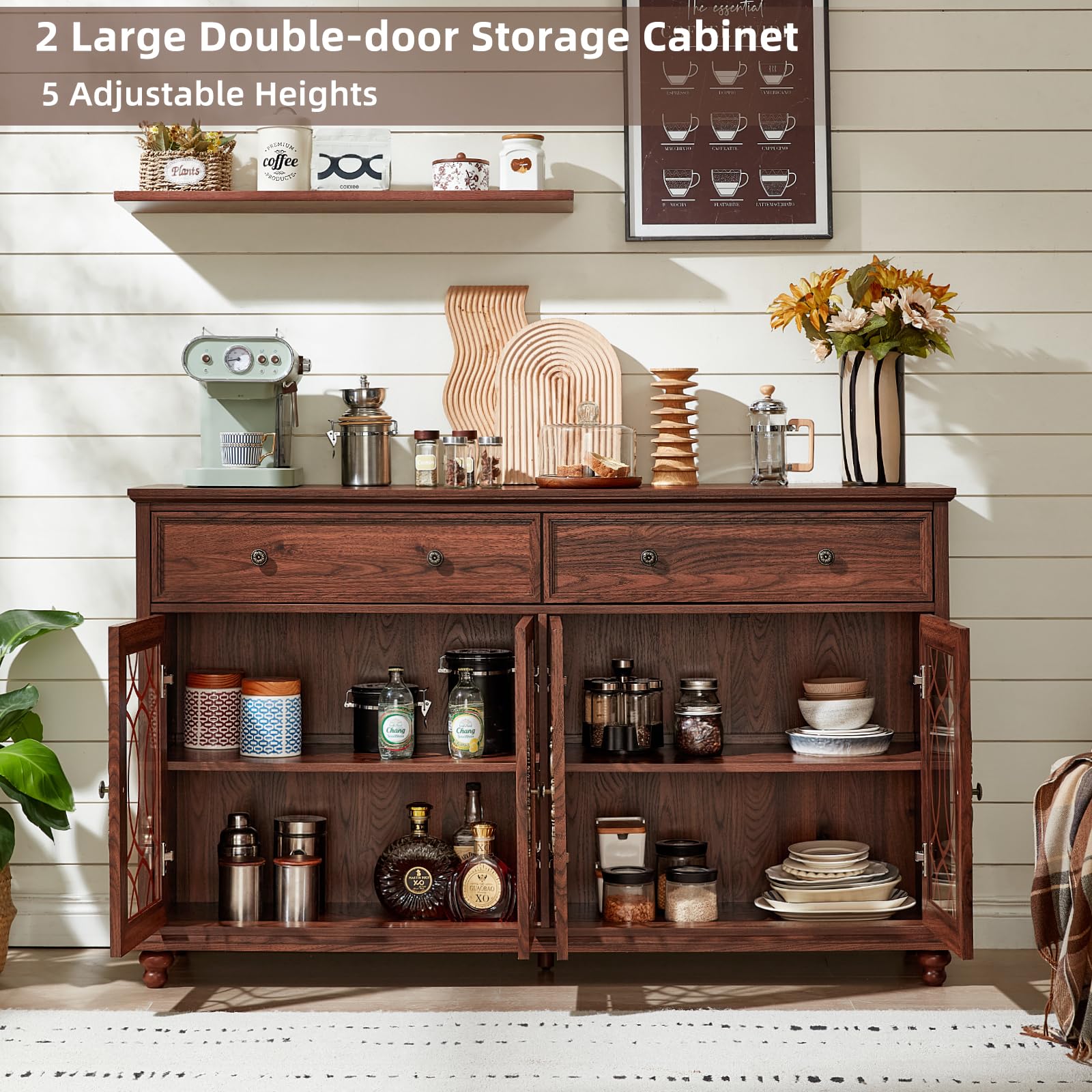 Brown wood sideboard cabinet open to storage with glass doors and adjustable shelves