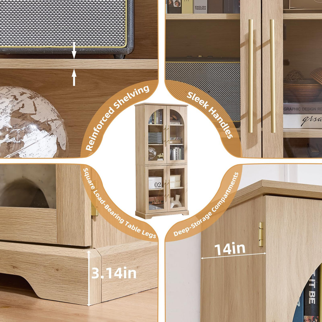 Light wood tall display cabinet with arched glass doors and adjustable interior shelves