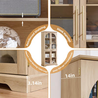 Light wood tall display cabinet with arched glass doors and adjustable interior shelves
