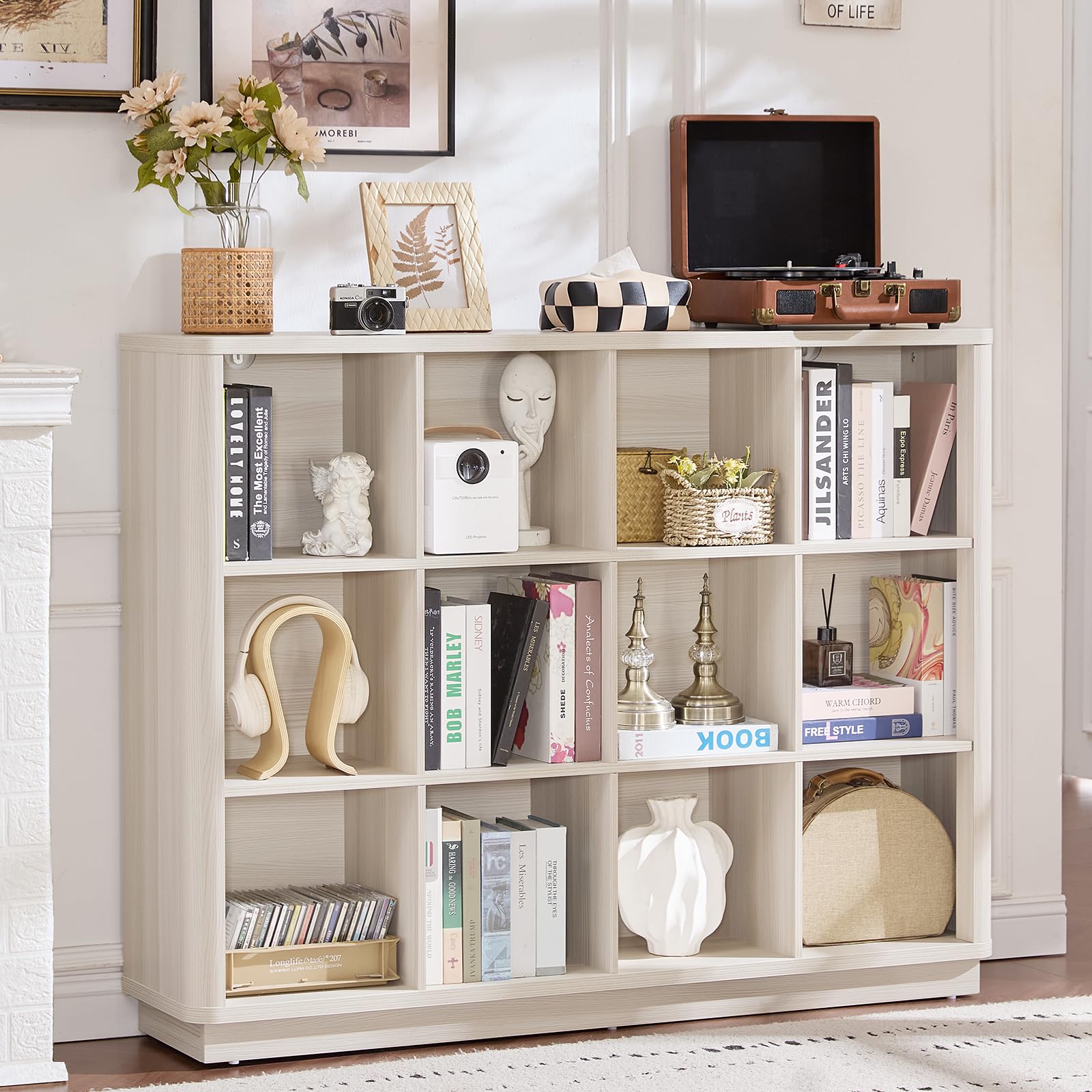 8 Cube Storage Book Shelf, 52" Long Horizontal Bookshelf with Curved Edge, Floor Standing Wooden Cubby Bookcase with Base, Modern Low Console Book Case, TV Stand for Living Room, Natural Oak