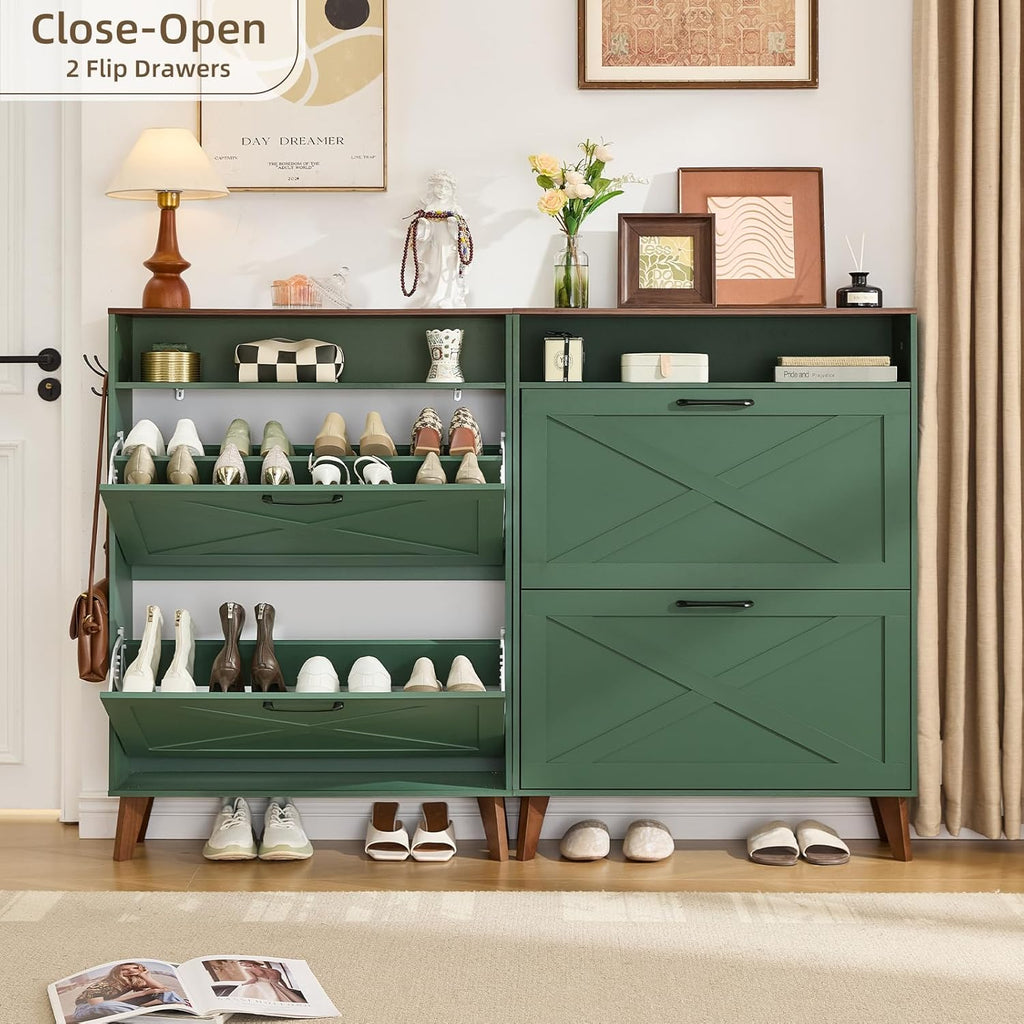 Shoe storage cabinet with two flip drawers and open shelves, green painted finish