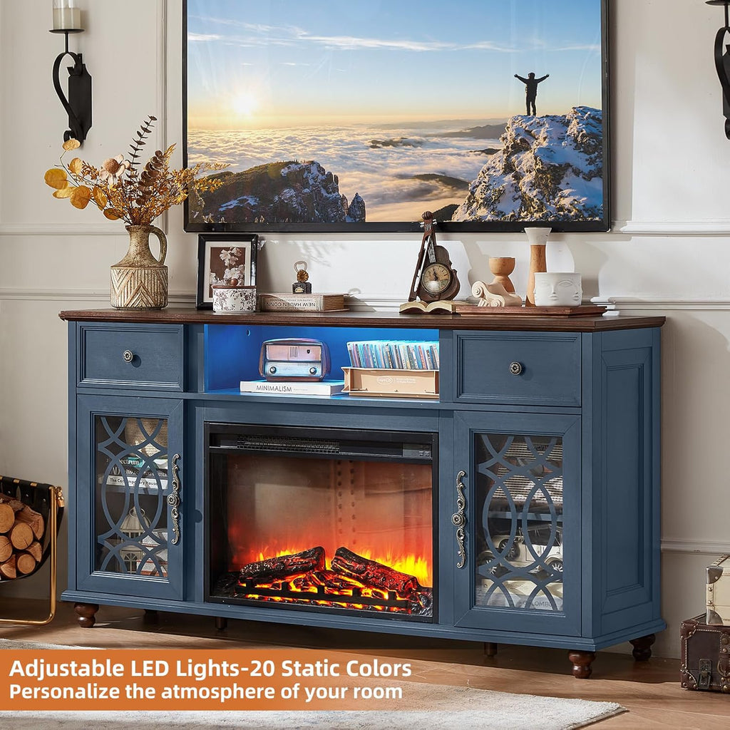 Blue media console with electric fireplace and open storage shelf