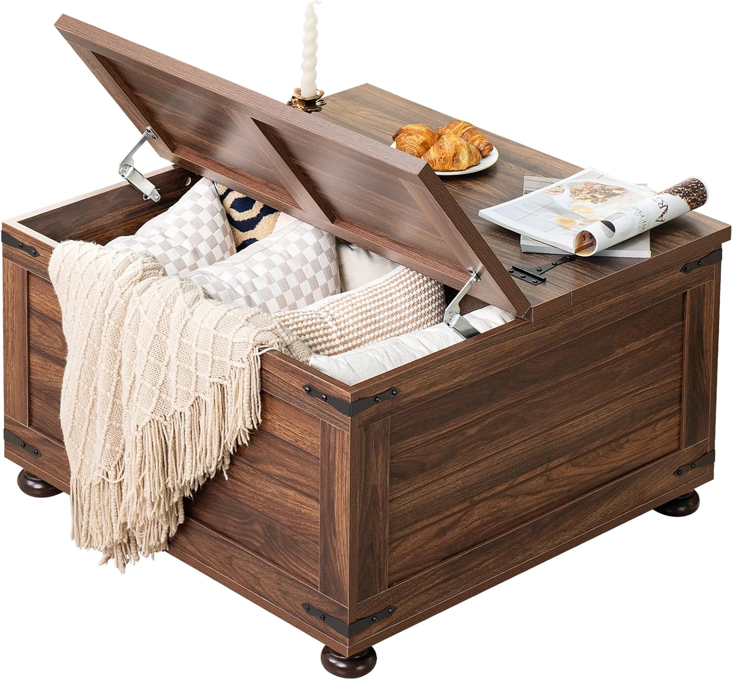 Farmhouse Coffee Table with Large Hidden Storage Compartment, Navy Blue Square Center Table, Wood Rustic Low Modern Living Room Tables with Hinged Lift Brown Top & Wooden Arc Base