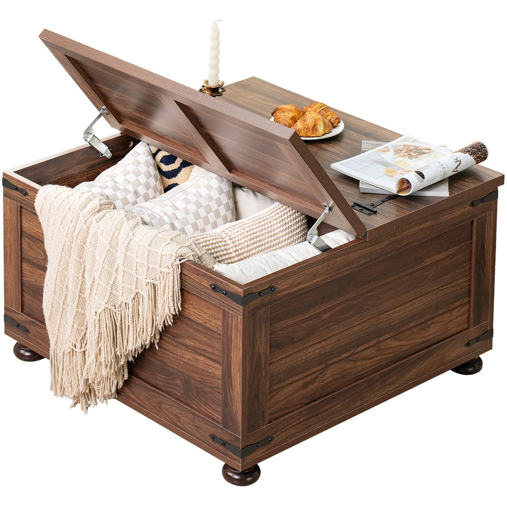Brown wood farmhouse coffee table with open flip-top lid and hidden storage