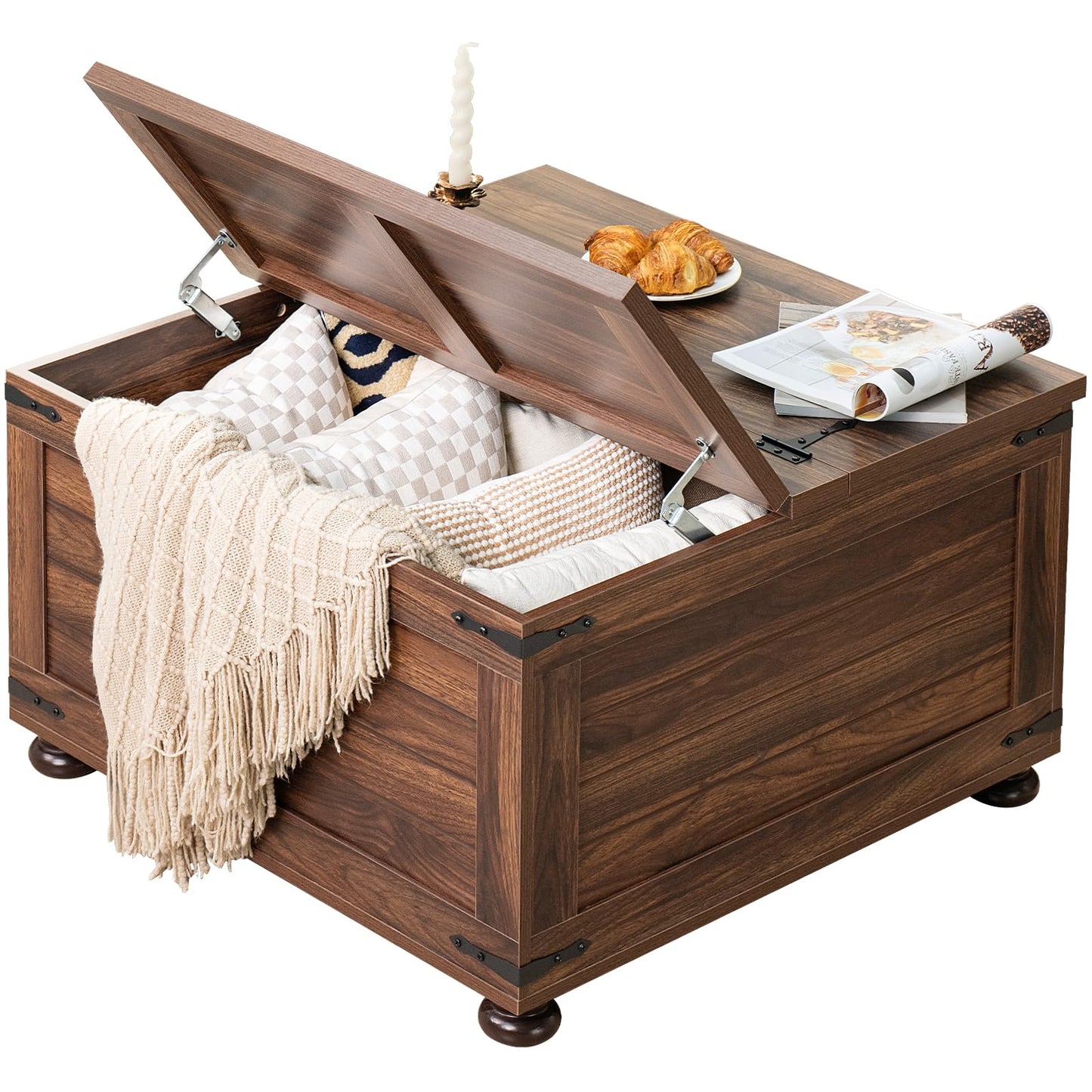Brown wood farmhouse coffee table with open flip-top lid and hidden storage